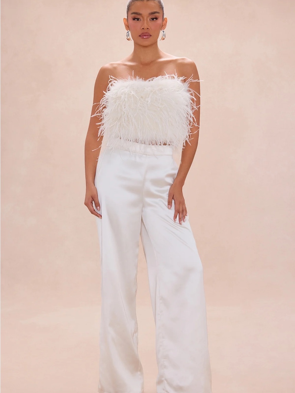 NWT Strapless Feather Crop Top & Silk Wide-Leg Pants Set in Champagne